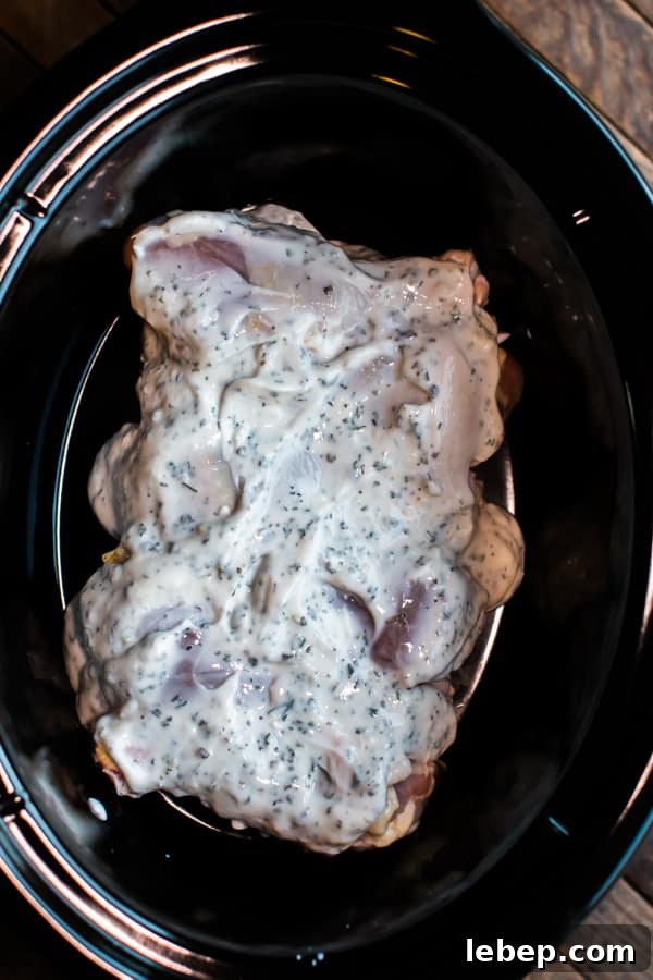 Greek Slow Cooker Chicken Drumsticks with Lemon & Oregano 4 drumsticks in a slow cooker with yogurt mixture on top.