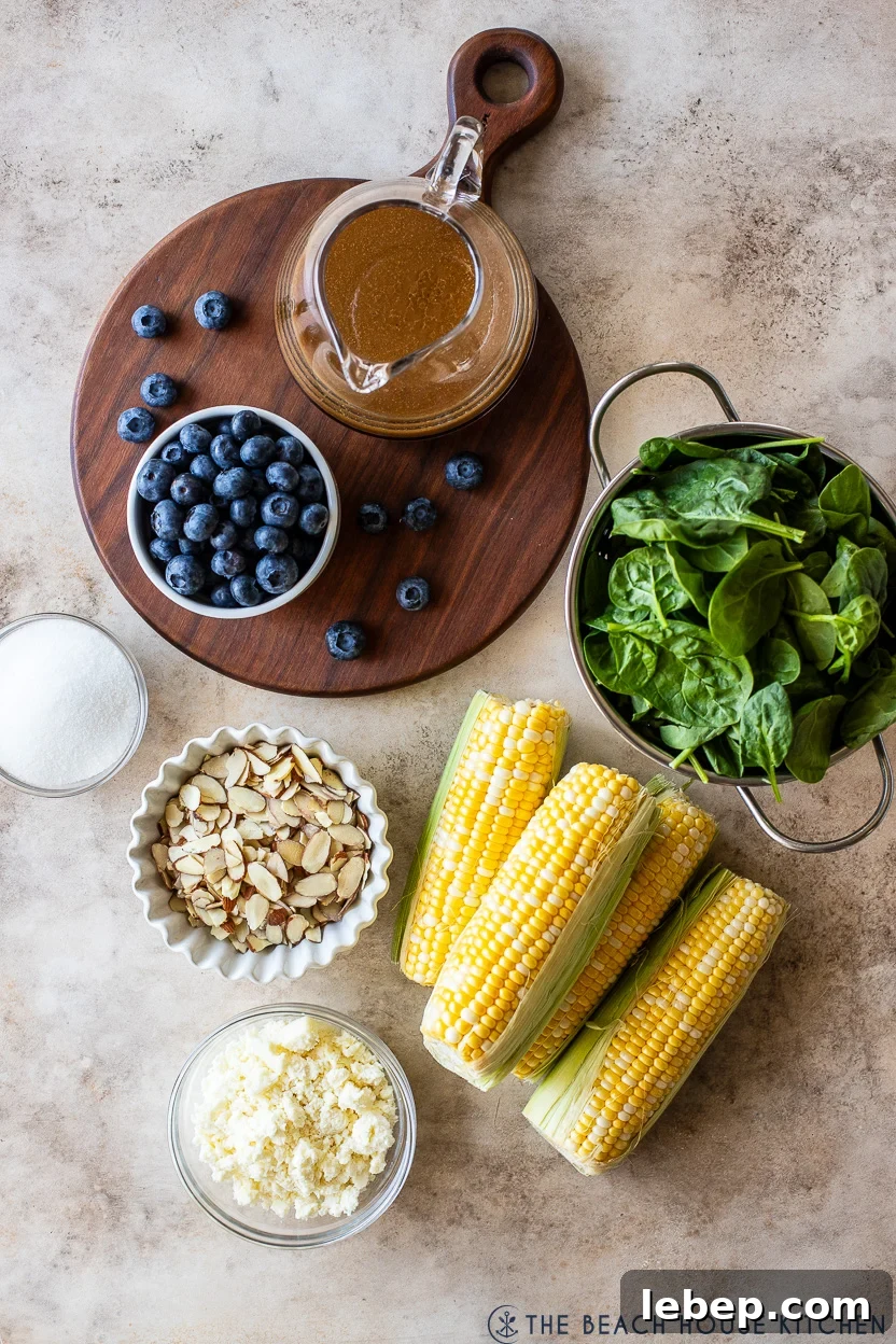Overhead photo of ingredients for blueberry corn salad