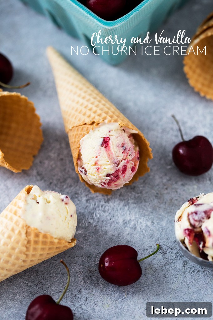 Cherry Vanilla No-Churn Ice Cream Recipe — Creamy Homemade Scoop 2 This smooth and creamy Cherry and Vanilla No Churn Ice Cream is ready to freeze in minutes and tastes just as good as the churned stuff!
