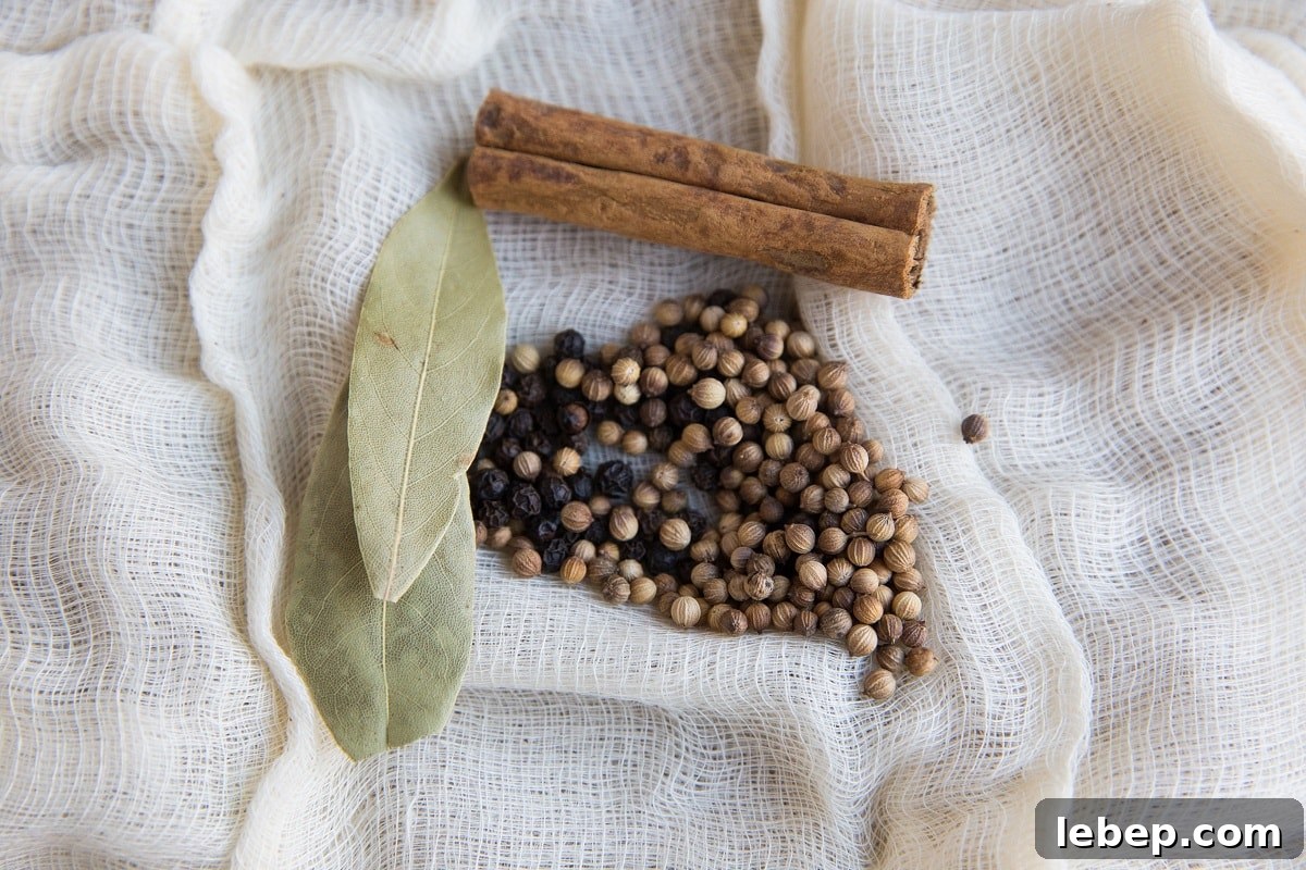 A cinnamon stick, a bay leaf, black peppercorns, and coriander seeds rest on a crumpled white cheesecloth—spices often used to flavor crock pot birria tacos.