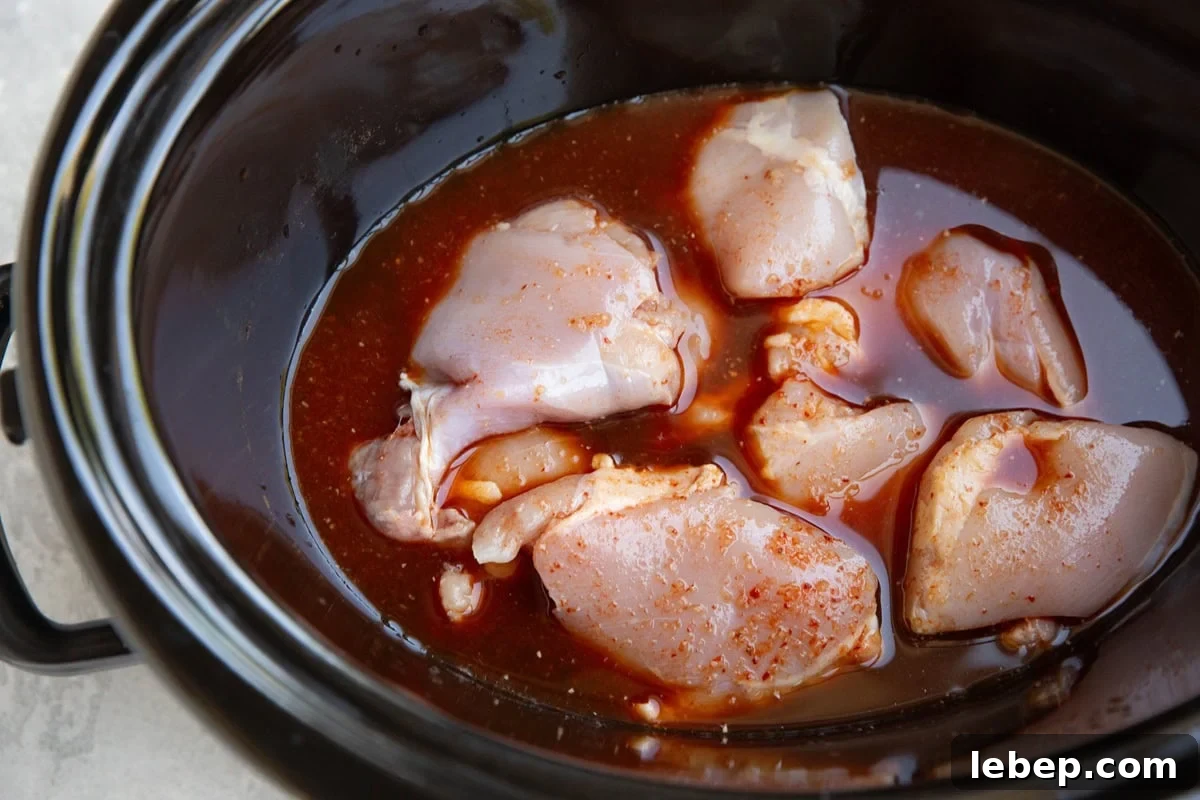 Crock pot full of raw chicken thighs and birria sauce.