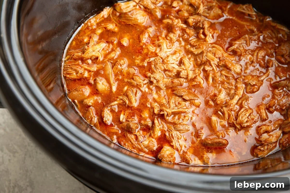 Shredded birria chicken in a slow cooker.