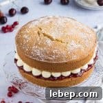 Vegan Victoria sponge cake filled with jam and buttercream on a glass cake stand on a grey background with cherries and redcurrants.