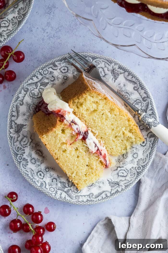 A slice of cake on a grey patterned plate with a cake fork and redcurrants on a grey background.