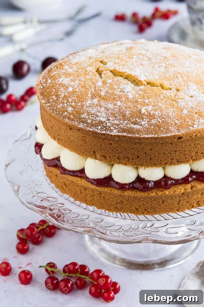 Close up of the side of vegan victoria sponge cake filled with jam and blobs of buttercream on a glass cake stand.