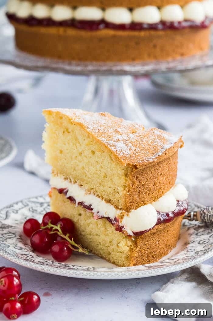 A slice of cake on a grey patterned plate with redcurrants and the whole cake in the background.
