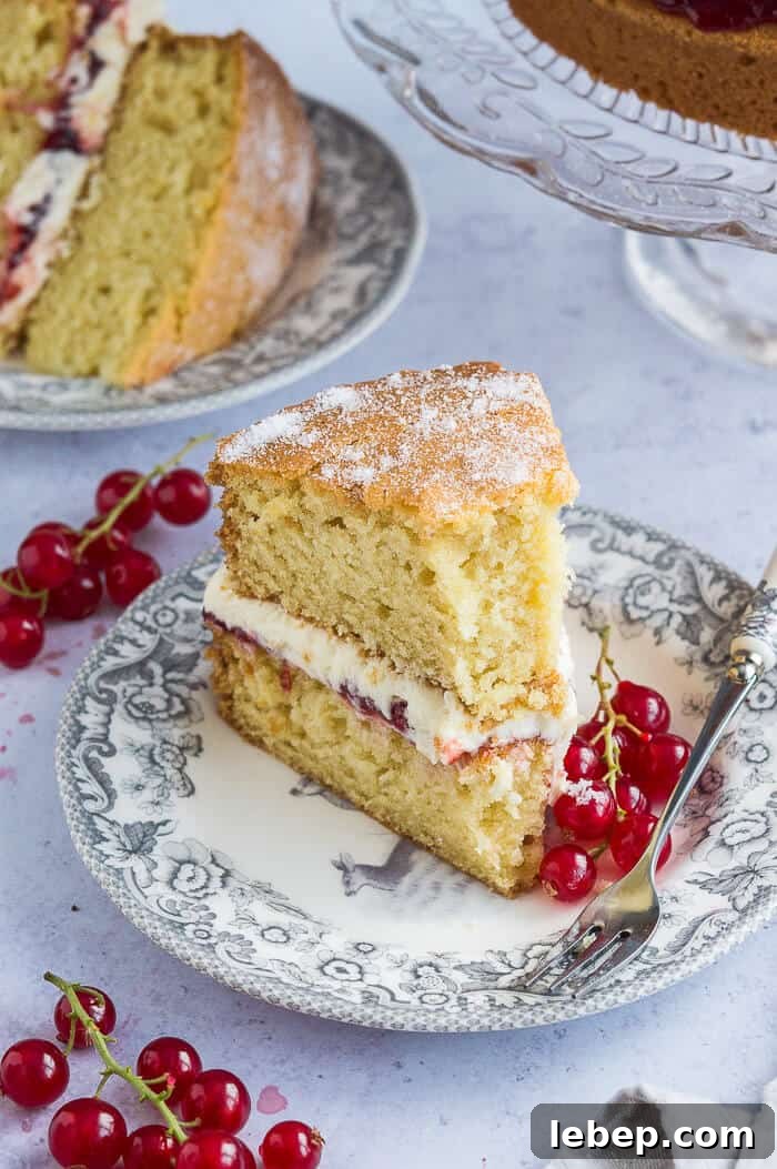 A slice of vegan Victoria sandwich on a grey patterned plate with a forkful removed.