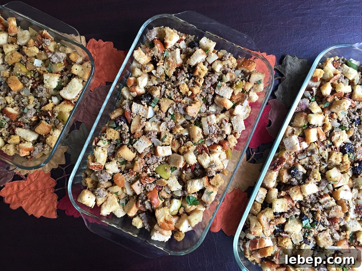 Sage Sausage Stuffing Recipe for Thanksgiving and Holiday Dinners 12 3 pans of sage sausage stuffing on leafy table liner.