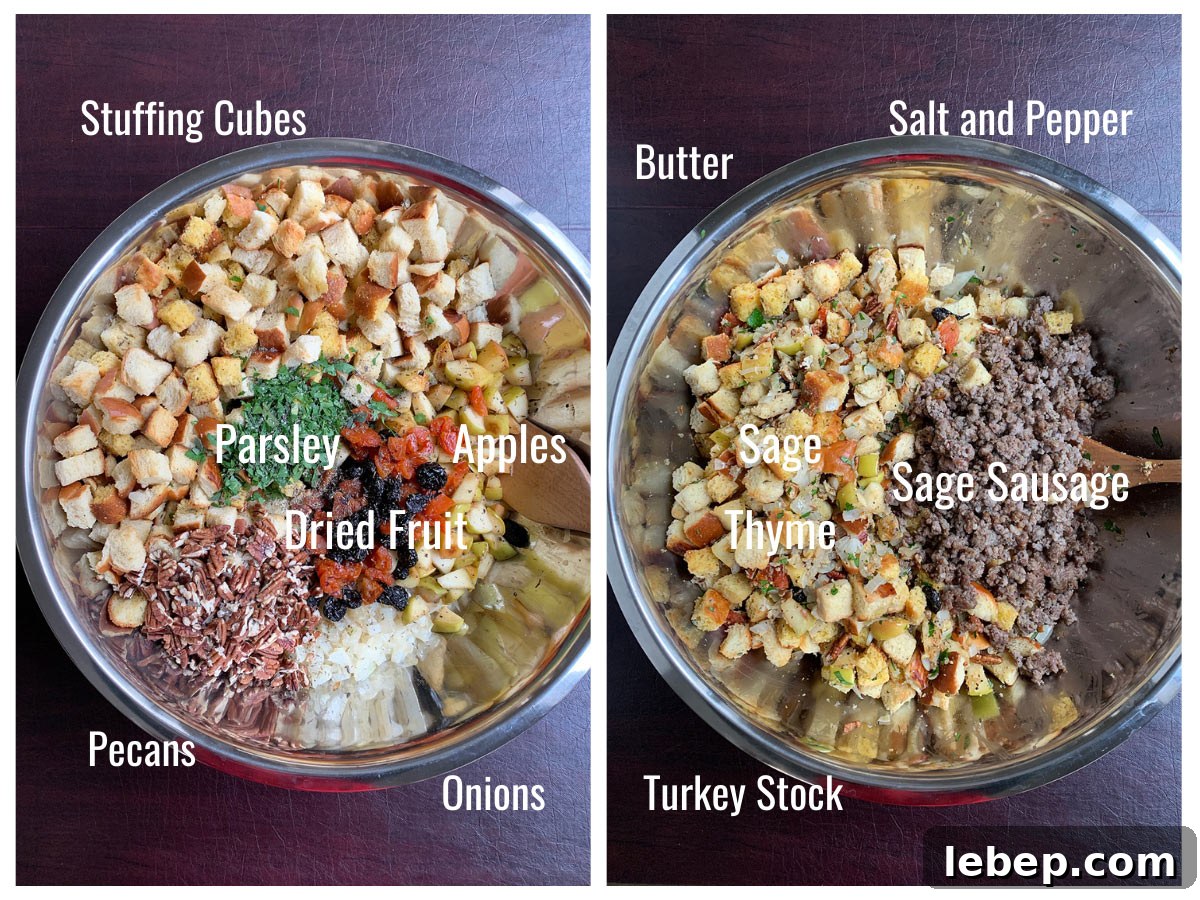 Sage Sausage Stuffing Recipe for Thanksgiving and Holiday Dinners 3 Two bowls showing stuffing ingredients with labels.