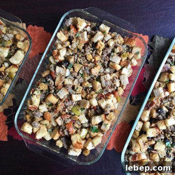 Sage Sausage Stuffing Recipe for Thanksgiving and Holiday Dinners 14 3 pans of stuffing on a leafy table runner