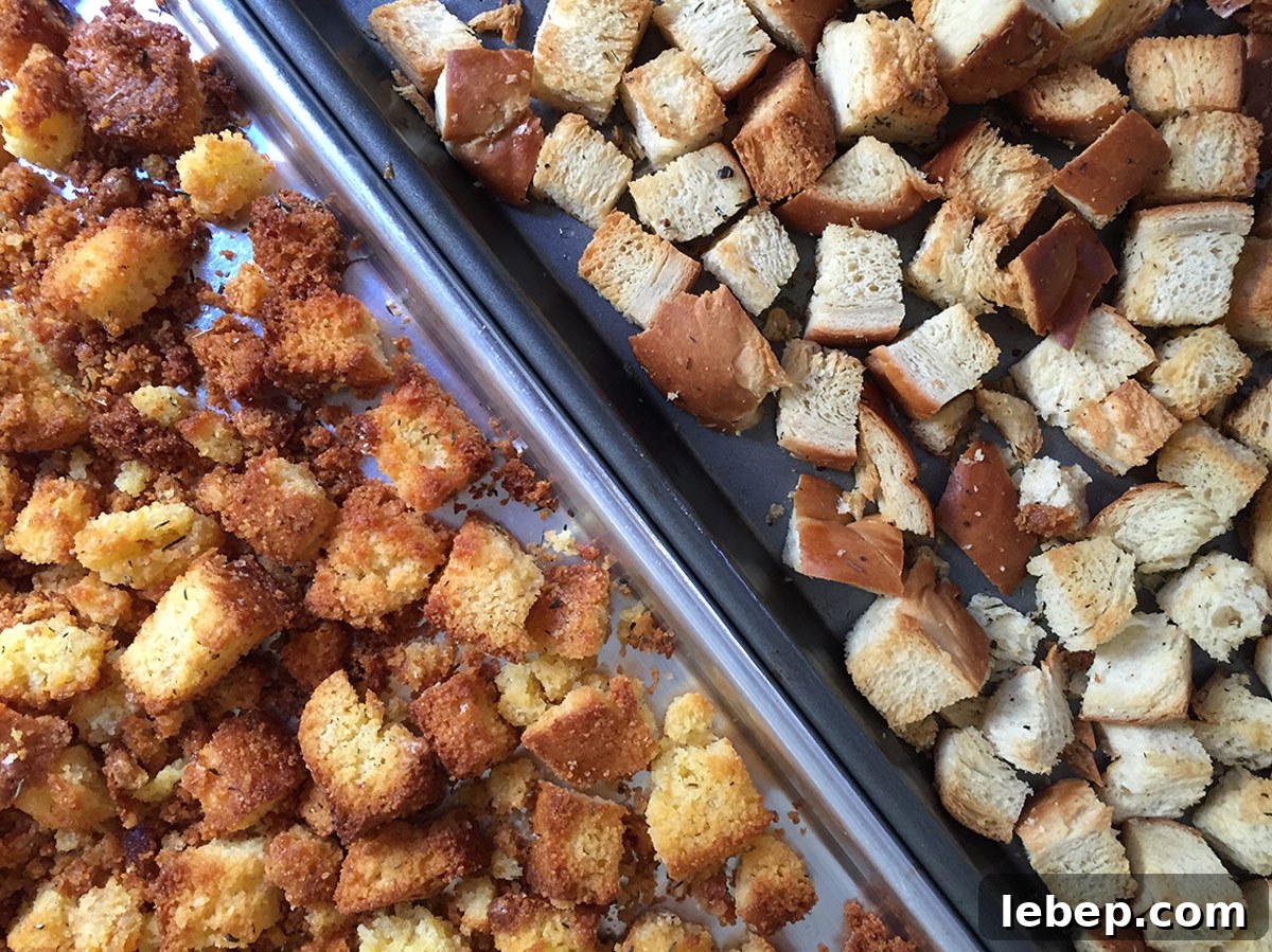 Sage Sausage Stuffing Recipe for Thanksgiving and Holiday Dinners 5 Cornbread and challah stuffing bread cubes on sheet trays at an angle.