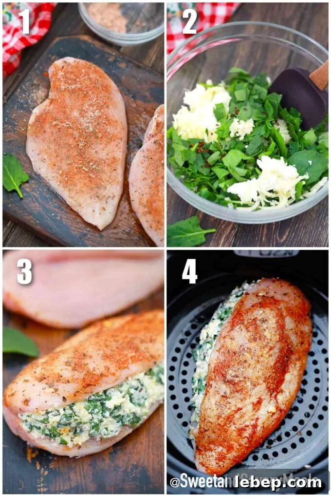 photo collage of steps how to make air fryer stuffed chicken breast