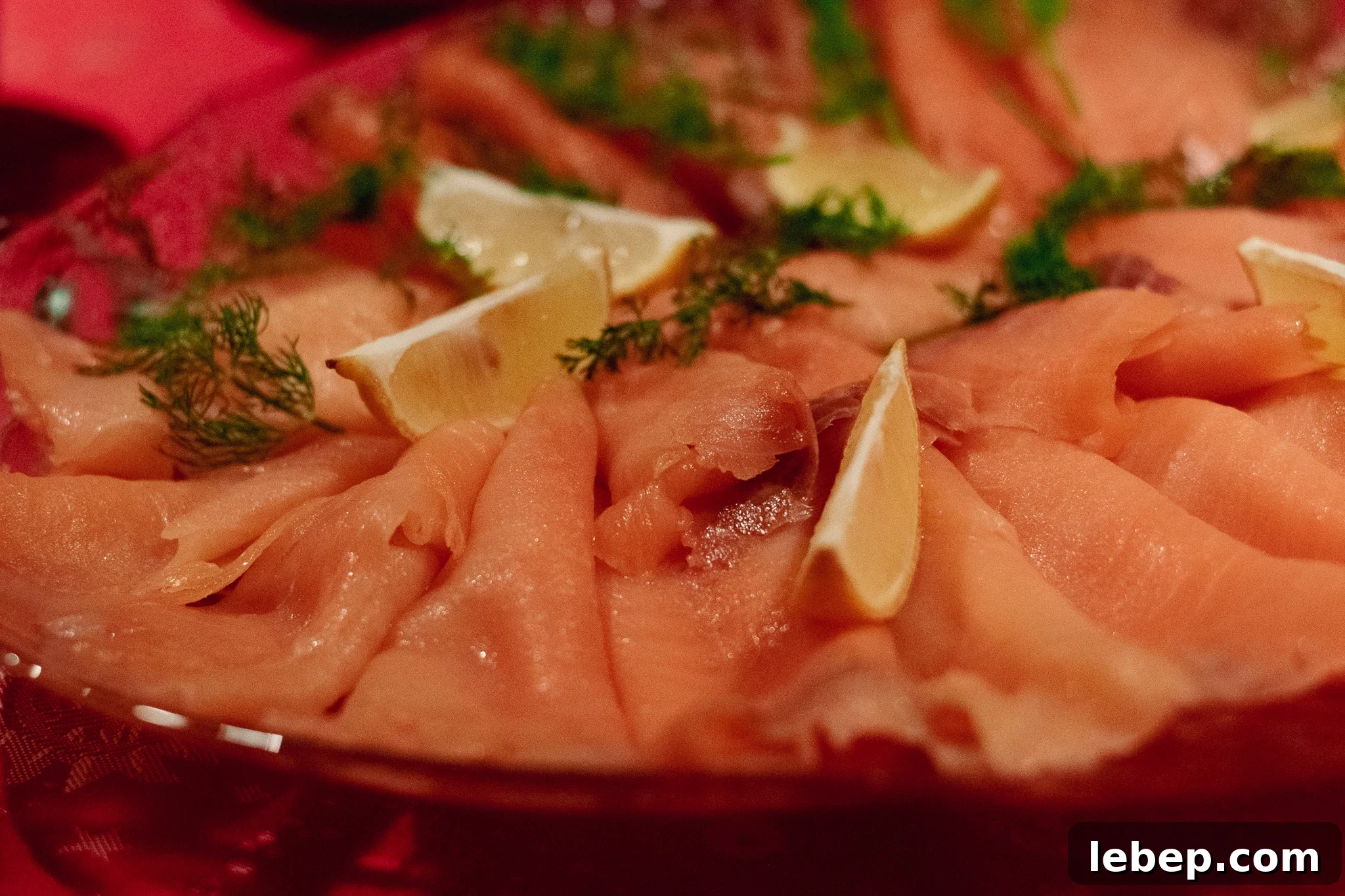 Smoked salmon on a plate.